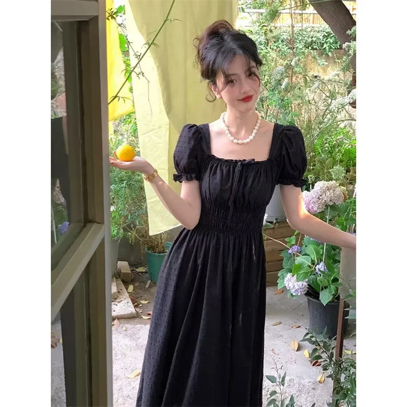 White Black Short Sleeve Vintage Midi Dress A-Line High Waist Elegant Dress Summer Beach