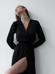 Long Dress Slit Deep V-Neck Temperament Elegant Casual Solid Color Long-Sleeved Robe Female With Belt For Party 2022 Fashion