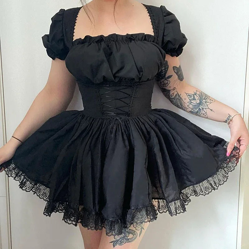 Gothic Lolita Style Mini A-line Dress for Women High Waist Bandage Corset Party Vestido Retro Lace Trim Punk Harajuku Grunge Clo