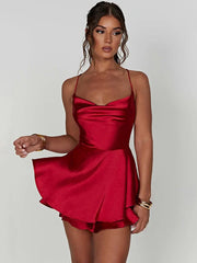 Satin Solid Cami Playsuits Short Jumpsuits Cross Tie-Up Backless Romper Clubwear Dress Bandage Wide Leg Short Romper Ruffles