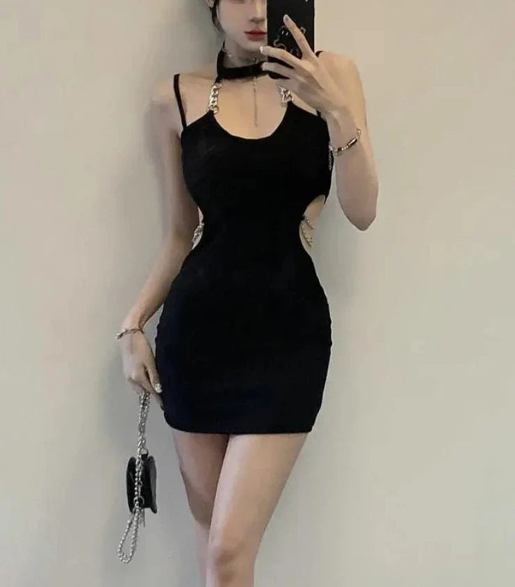 Spring Outfit Summer Black Hollowed Out Elegant Chain Sexy Halter Mini Dress For Women Off-shoulder Backless Bodycon Club Party Wrap Hip Dress