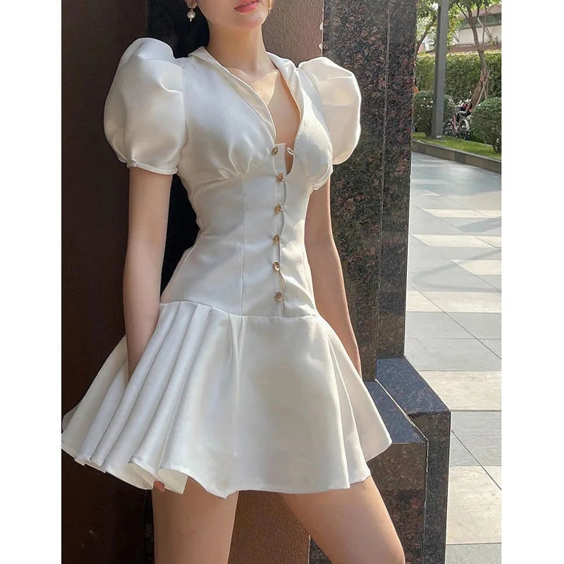 Elegant Puff Sleeve Women Dress High Waist A Line White Part Mini Dress Designed Summer Korean Slim Ol Vestidos