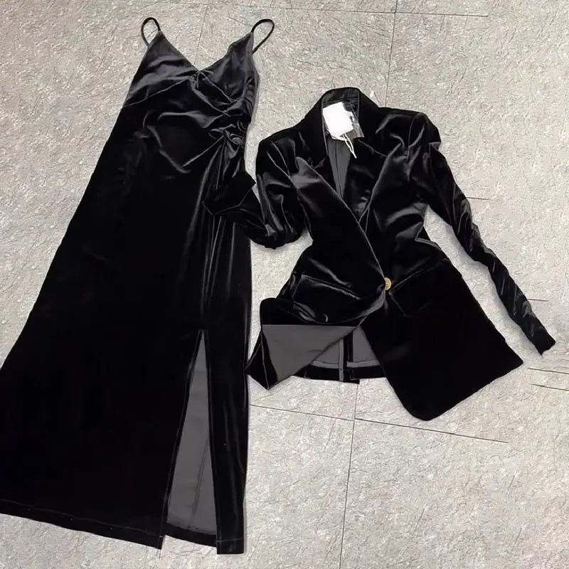 Oversize Lapel Neck Long Sleeve Black Coat Women+ Sexy Slim Fit Ruched Velvet Camisole Dresses Early Autumn New Two Piece Sets