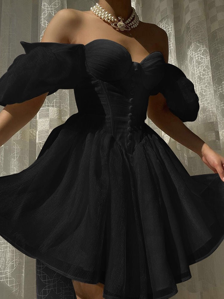 Women's Puff Sleeve Tulle Mini Princess Dress Elegant Chic Party Vintage A-Line Dress Women's Wedding Party Ball Mini Fairy Dres