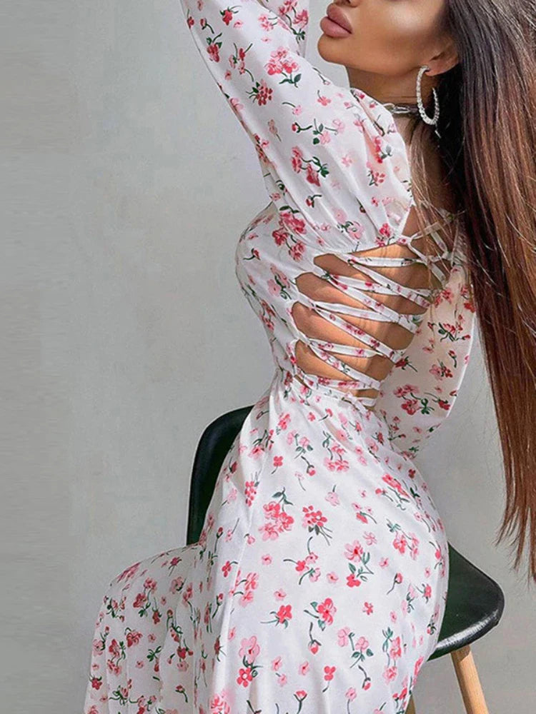 2024 New Floral Print Backless Midi Dress Women Sleeve Lantern Sleeve High Split Lady Elegant Square Collar Casual Long Dress