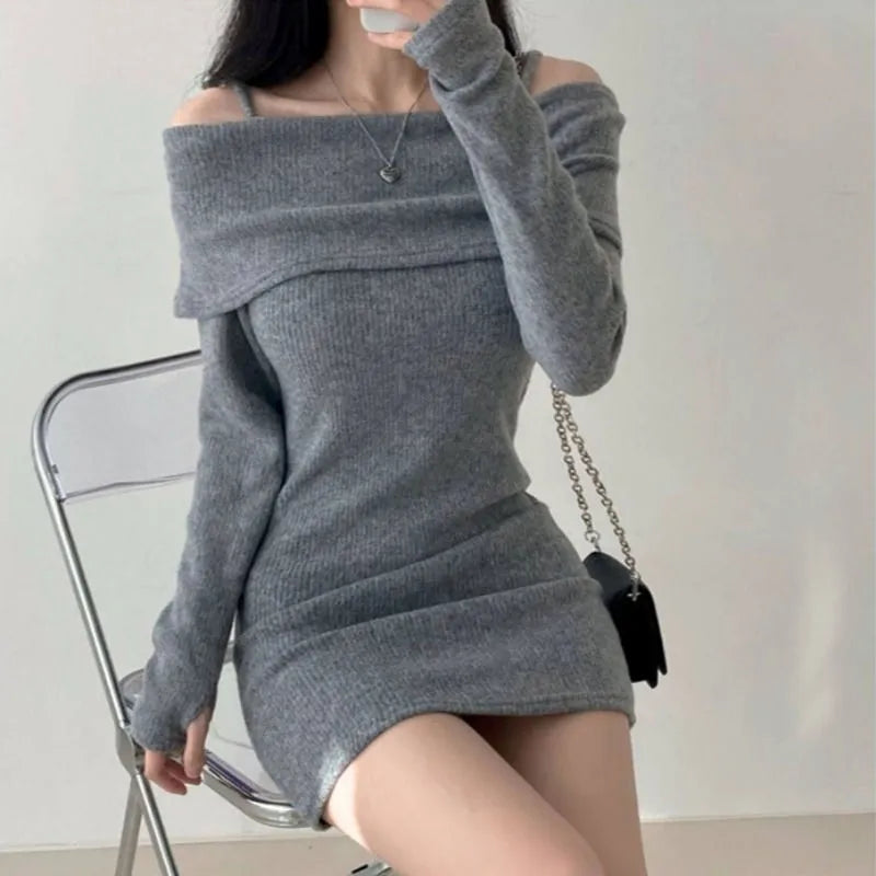Women's Dresses Bodycon Clothing Over The Shoulder Solid Female Dress Extreme Mini Crochet Sexy Daring One Knit Short Harajuku