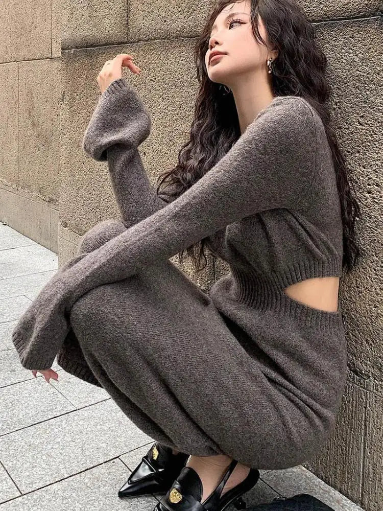 Spring Outfit Women's Knitted Bodycon Dress Hollowed Out Flared Sleeves Evening Party Dresses Vestidos O-neck Vacation Wave Cut Robe