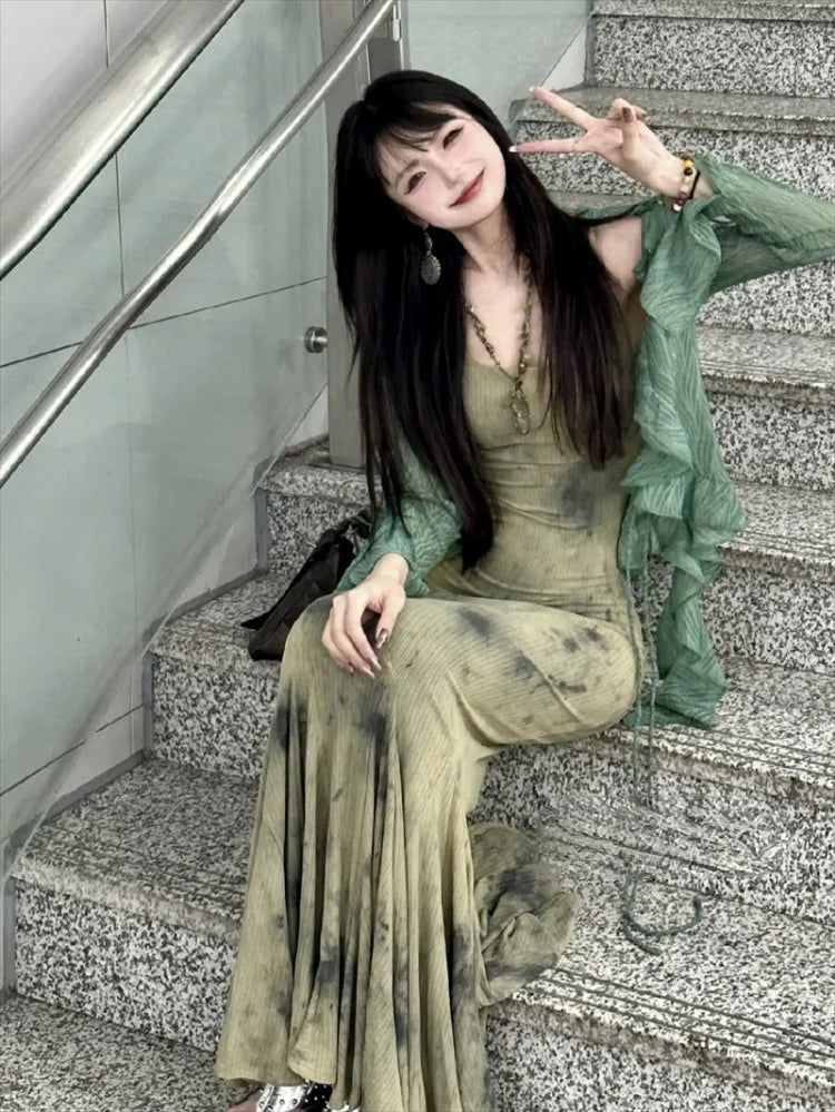 New Chinese Style Halo Dyeing Slim Fit Camisole Dresses+ Y2k Ruffles Long Sleeve Green Cardigan Spring  Two Piece Sets