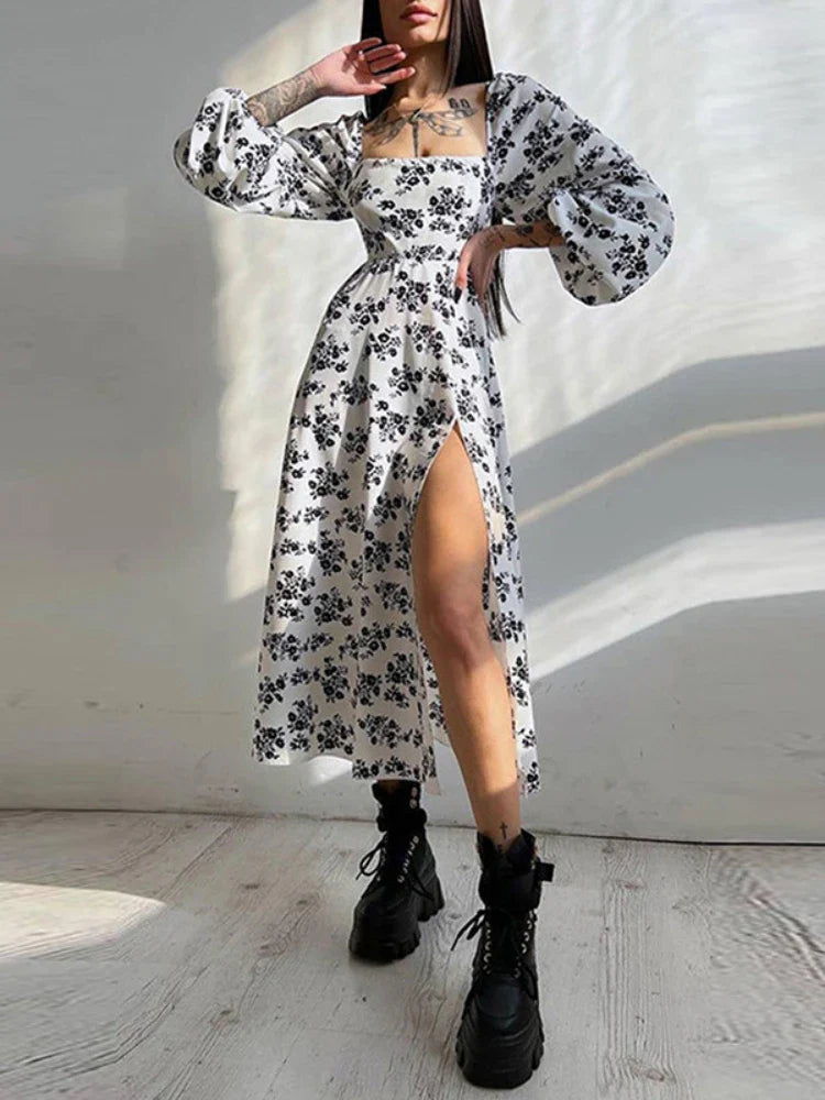 2024 New Floral Print Backless Midi Dress Women Sleeve Lantern Sleeve High Split Lady Elegant Square Collar Casual Long Dress