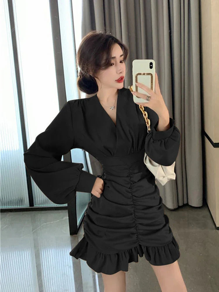 Elegant Women Mini Dress Vintage Tunic Irregular Long Sleeve Korean Office Ladies Ruffles Dress Sexy V Neck Party Vestidos