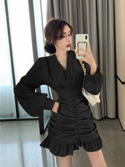 Elegant Women Mini Dress Vintage Tunic Irregular Long Sleeve Korean Office Ladies Ruffles Dress Sexy V Neck Party Vestidos