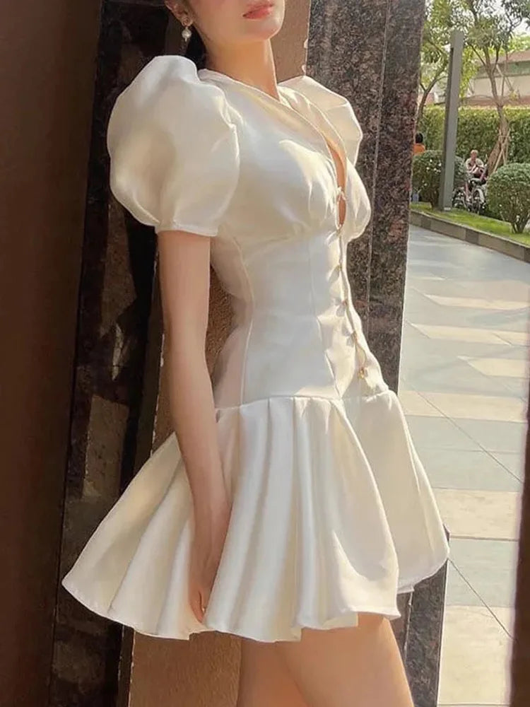 Elegant Puff Sleeve Women Dress High Waist A Line White Part Mini Dress Designed Summer Korean Slim Ol Vestidos