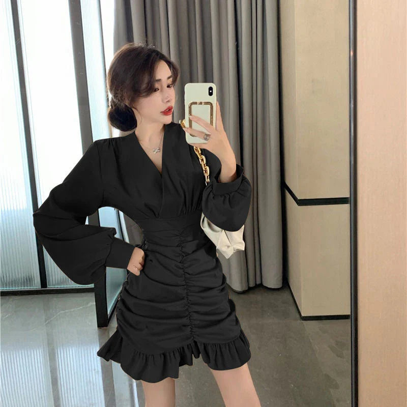 Elegant Women Mini Dress Vintage Tunic Irregular Long Sleeve Korean Office Ladies Ruffles Dress Sexy V Neck Party Vestidos