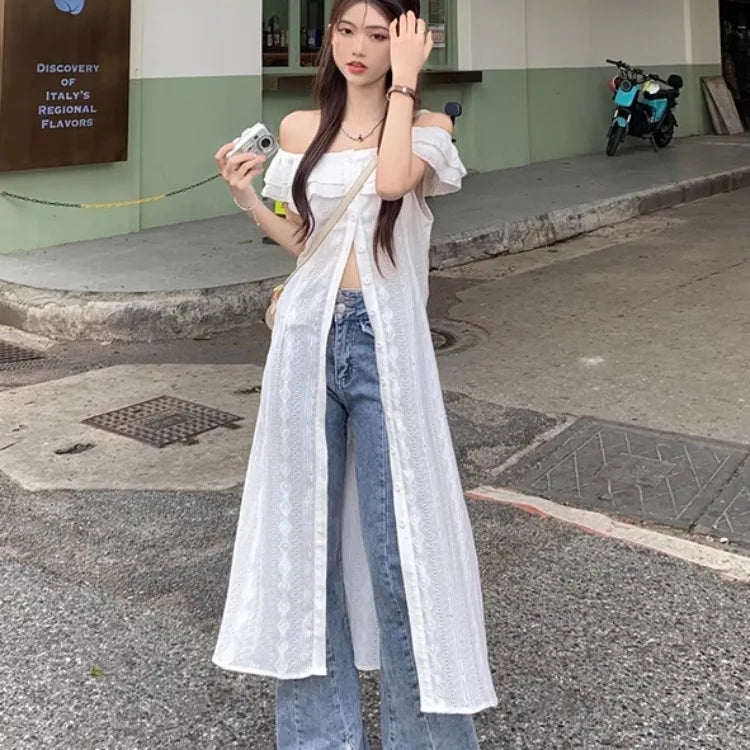 Elegant Slash Neck White Shirts Women Y2k E-Girl Slim Waist Lace Blusas Mujer 2024 Summer New Mid-length Loose Blouses Dress