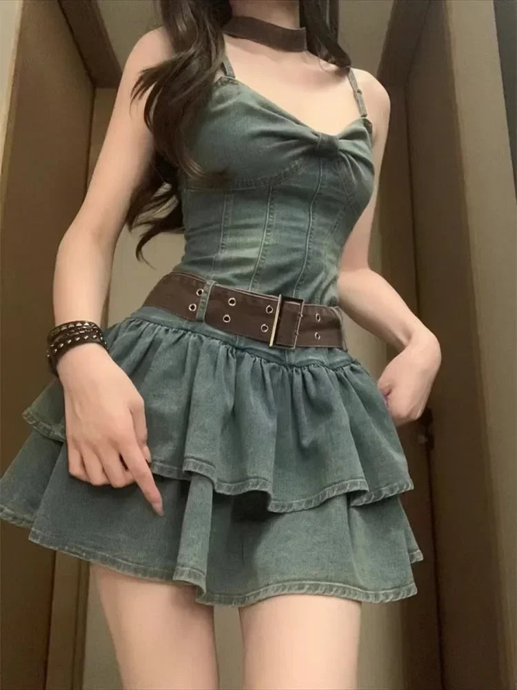 2024 Summer New Strapless Camisole Dresses Y2k Vintage Denim Dress for Women   Slim Waist Ruffles Vestidos Mujer