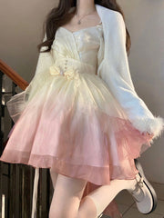 2024 New Spring Gradient Mesh Sling Kawaii Dress Women's Korean Y2K Lolita Mini Dress Chiffon Fashion French Female Dress