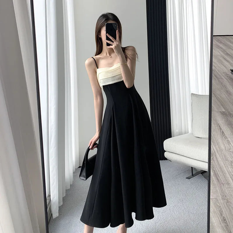 Black Patchwork Spaghetti Strap Dress A-Line High Waist Vintage Midi Dress Elegant Summer Dress Vestidos