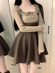 Fashion Slim Waist Ruched Vest Strap Dresses+ Sweet Lace O-neck Knitted Tops Women 2024 Spring Autumn New Two Piece Sets