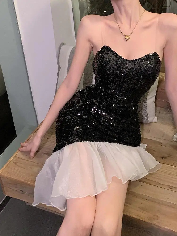 Spring Outfit Black White Patchwork Sexy Club Off Shoulder Sequins Slip Midi Dress Women Ruffles Slim Birthday Party Evening Dress Summer Chic