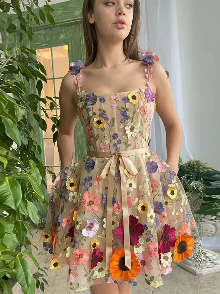3D Flower Tulle Square Neck Mini Sling Dress Female Backless A-line Gown Short Vestidos Women Chic Evening Cocktail Party Robes