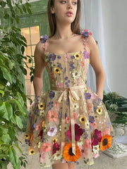 3D Flower Tulle Square Neck Mini Sling Dress Female Backless A-line Gown Short Vestidos Women Chic Evening Cocktail Party Robes