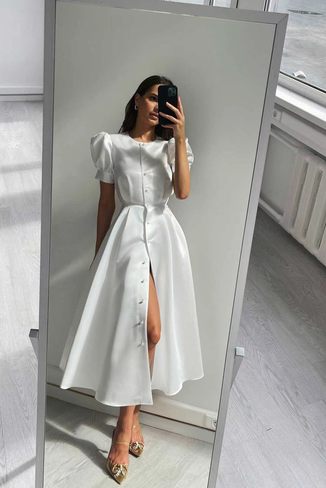 Women's Dress Single Breasted Lantern Sleeve A-line Dresses High Waist Split Mid-Length New Elegant and Pretty Dress for Women