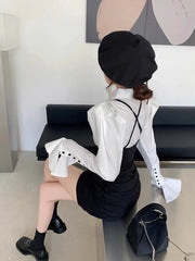 Fashion Simple Puff Sleeve White Shirts Women+ Y2k E-Girl Sexy Slim Waist Black Strap Dresses Summer New Two Piece Sets