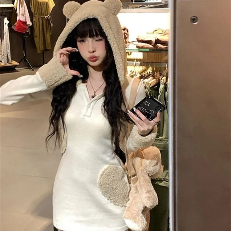 2024 Autum New Thicked Warm Hoodie Dresses Y2k E-Girl Slim Waist Bodycon Dress for Women Long Sleeve Vestido Feminino