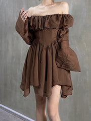 Vintage Brown Dress Women Summer Sexy Slash Neck Off Shoulder Mini Dress Elegant Flare Long Sleeve Backless Short Dresses Ladies