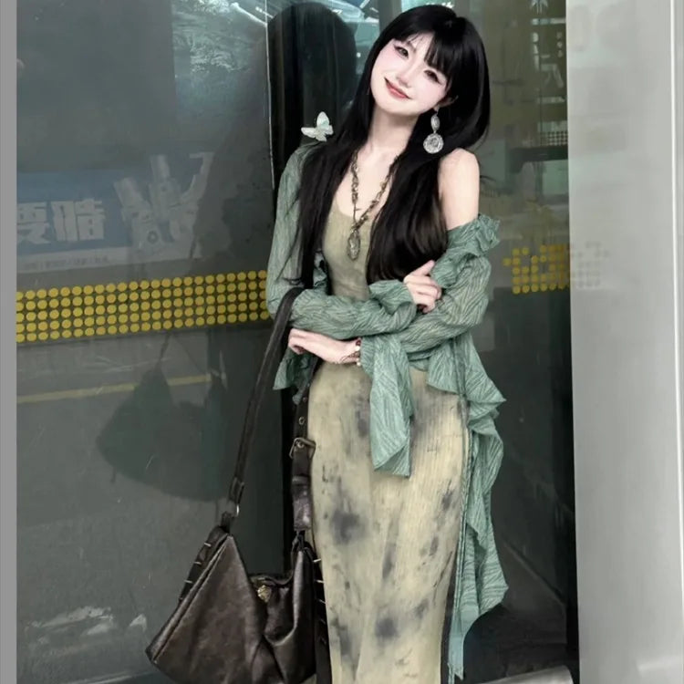 New Chinese Style Halo Dyeing Slim Fit Camisole Dresses+ Y2k Ruffles Long Sleeve Green Cardigan Spring  Two Piece Sets