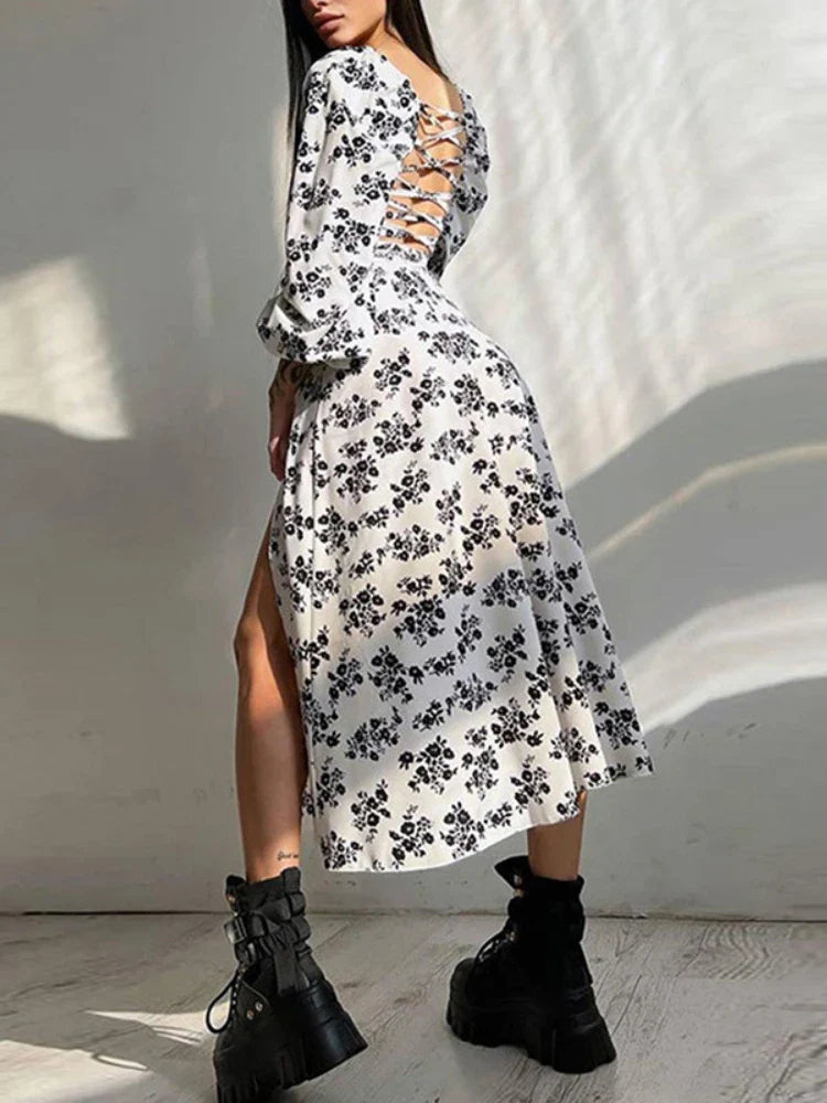 2024 New Floral Print Backless Midi Dress Women Sleeve Lantern Sleeve High Split Lady Elegant Square Collar Casual Long Dress