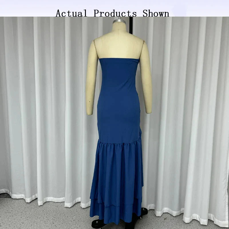 Party Long Dress Elegant Solid Strapless Sleeveless Backless Pleated Ruffled Irregular Nipped Waist Slim Evening Skirts