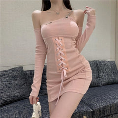 Lace Up Bandage Cross Women Slit Mini Dress One Shoulder Long Sleeve Knitting Bandage Front Sexy Streetwear Party Elegant Club