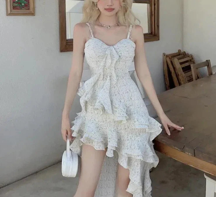 Spring Outfit Elegant Spaghetti Strap Dress Women Irregular Flounce 2024 Summer Trend Skinny Split Maxi Bodycon Birthday Party Clubwear