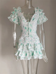 Summer and Autumn Women Short Sleeve Ruffle Pink V-neck Mini Dress