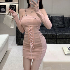 Lace Up Bandage Cross Women Slit Mini Dress One Shoulder Long Sleeve Knitting Bandage Front Sexy Streetwear Party Elegant Club