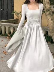 Elegant Chic Square Neck Long Sleeve Midi Dresses for Women 2024 Spring Autumn Fashion Casual A-Line Party Prom Female Clothing