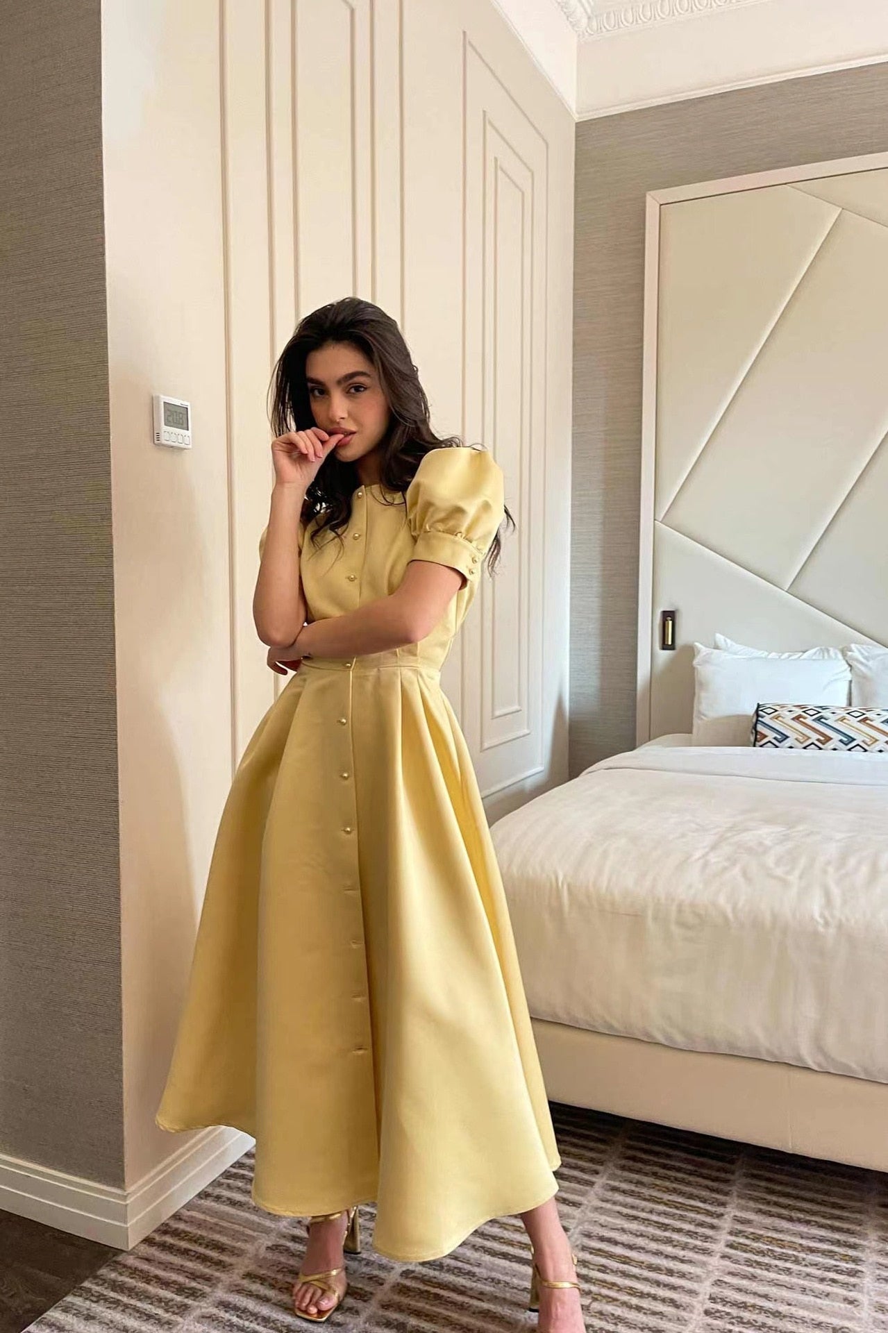Women's Dress Single Breasted Lantern Sleeve A-line Dresses High Waist Split Mid-Length New Elegant and Pretty Dress for Women