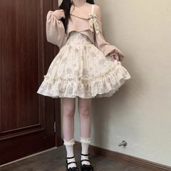 Oversize Harajuku Rose Print Strap Dresses+ Sweet Pink Off Shoulder Bow Long Sleeve Tops Women 2024 Spring New Two Piece Sets