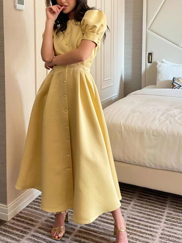 Women's Dress Single Breasted Lantern Sleeve A-line Dresses High Waist Split Mid-Length New Elegant and Pretty Dress for Women