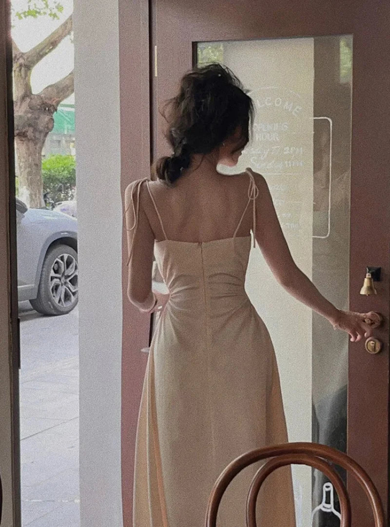 Sexy Hollow Out Spaghetti Strap Midi Dress Women Summer French Sleeveless Slim One Piece Vestidos Lady Fashion Chic Prom Clothes