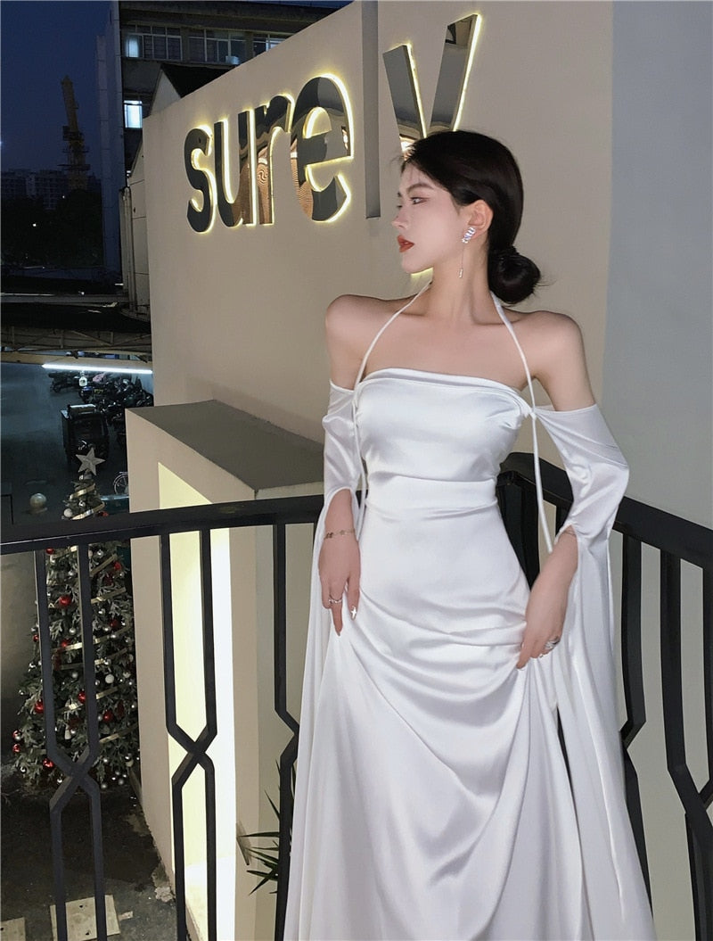 Women Summer Elegant Satin Silky Off Shoulder Slim White Cocktail Dress Lady Party Maxi Dress vestidos de fiesta para bodas
