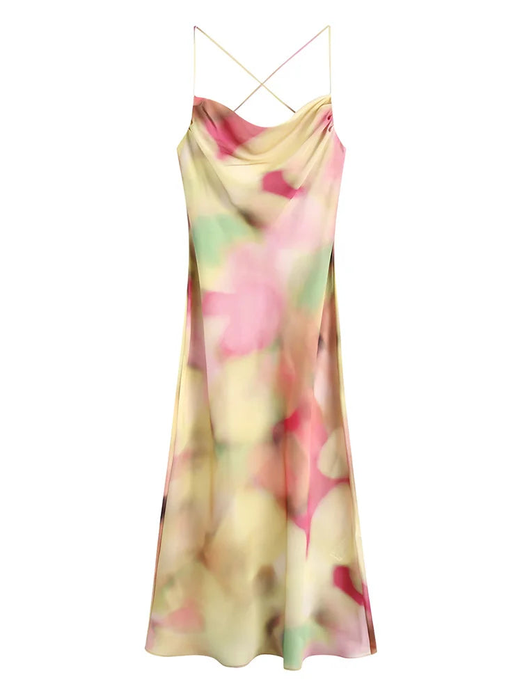 Sexy Open Back Tie Elegant Party Dress Summer Slip Dress For Women 2024 Cowl Neck Spaghetti Strap Tie Dye Print Midi Dress