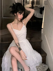 One Piece Dress Korean Sleeveless Solid Elegant Fairy Beach Dress Office Lady Summer Casual Midi Dress Women Party Chic