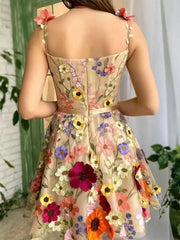 3D Flower Tulle Square Neck Mini Sling Dress Female Backless A-line Gown Short Vestidos Women Chic Evening Cocktail Party Robes