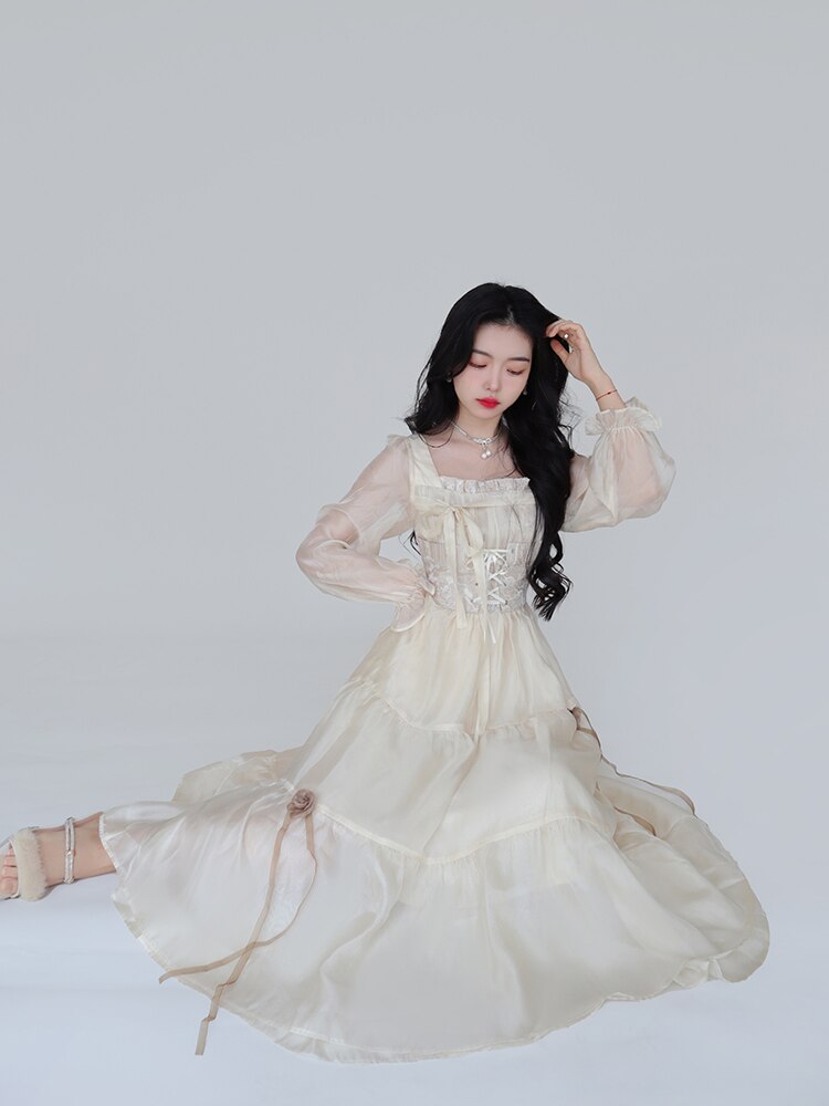Yellow French Vintage Fairy Dress Women Bandage Elegant Evening Party Midi Dress Long Sleeve Korean Style Fairy Dress Autumn New