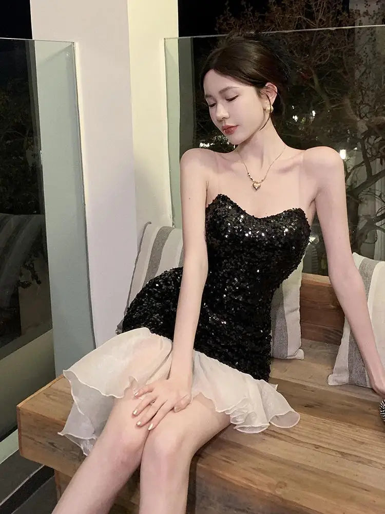 Spring Outfit Black White Patchwork Sexy Club Off Shoulder Sequins Slip Midi Dress Women Ruffles Slim Birthday Party Evening Dress Summer Chic
