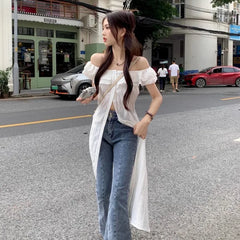 Elegant Slash Neck White Shirts Women Y2k E-Girl Slim Waist Lace Blusas Mujer 2024 Summer New Mid-length Loose Blouses Dress