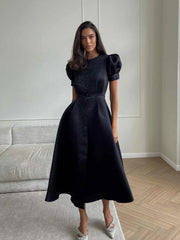 Women's Dress Single Breasted Lantern Sleeve A-line Dresses High Waist Split Mid-Length New Elegant and Pretty Dress for Women