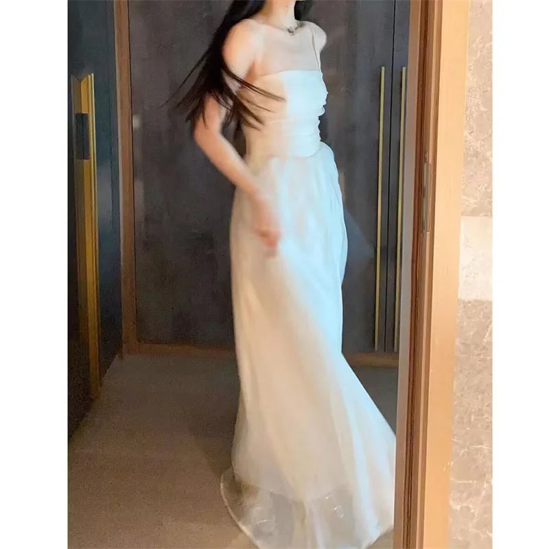 Women Dress Summer Solid Simple Beach Holiday Long Dress Beige Sexy Elegant Spaghetti Strap Dress Vestidos